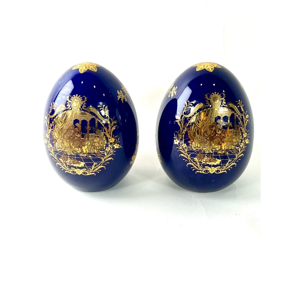Vintage Cobalt Blue Porcelain Gold Gilt Limoges
 Courting Couple Eggs Set of 2